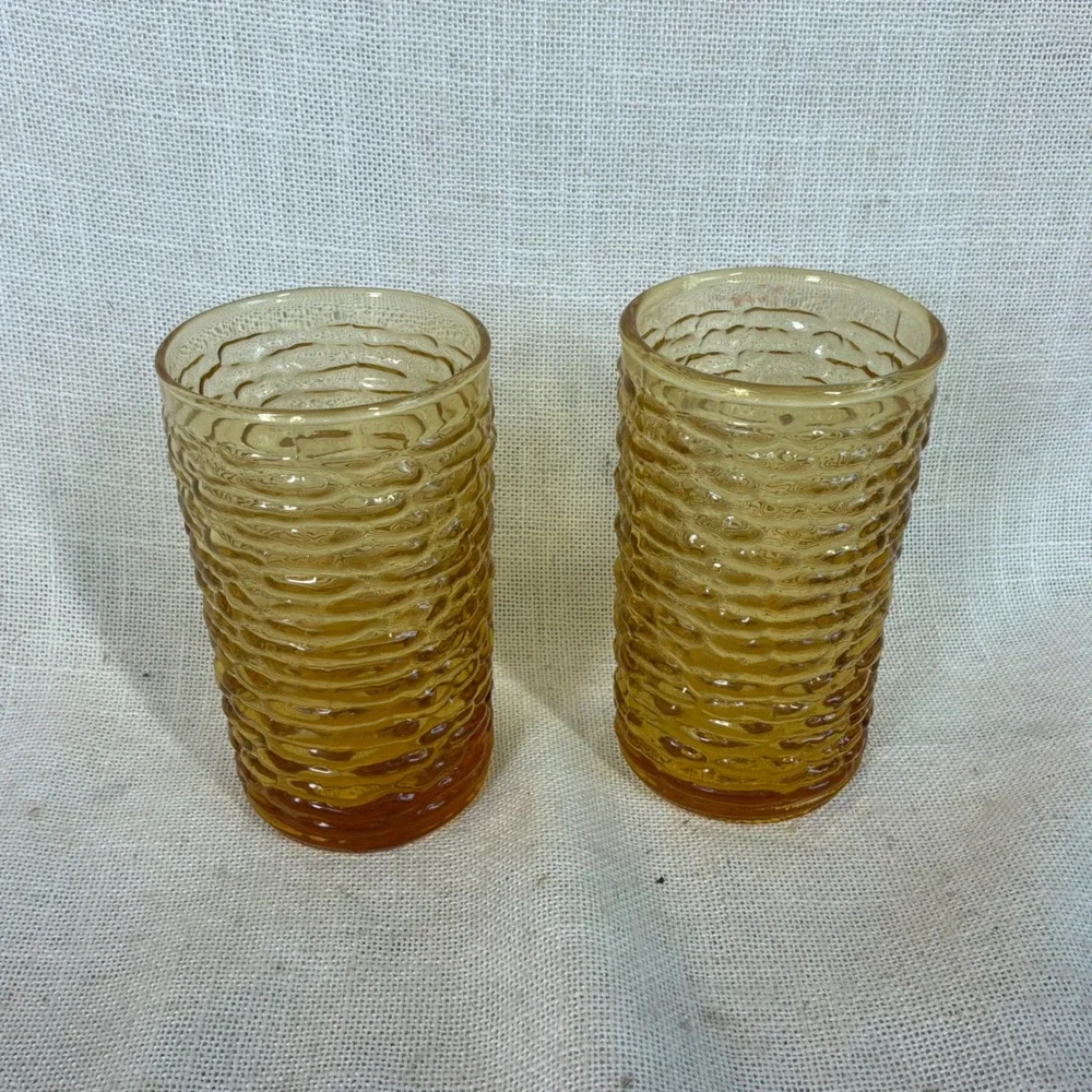 VTG Pair Amber Glass Soreno CrinkleTexture Juice Tumblers MCM Honey Gold 4